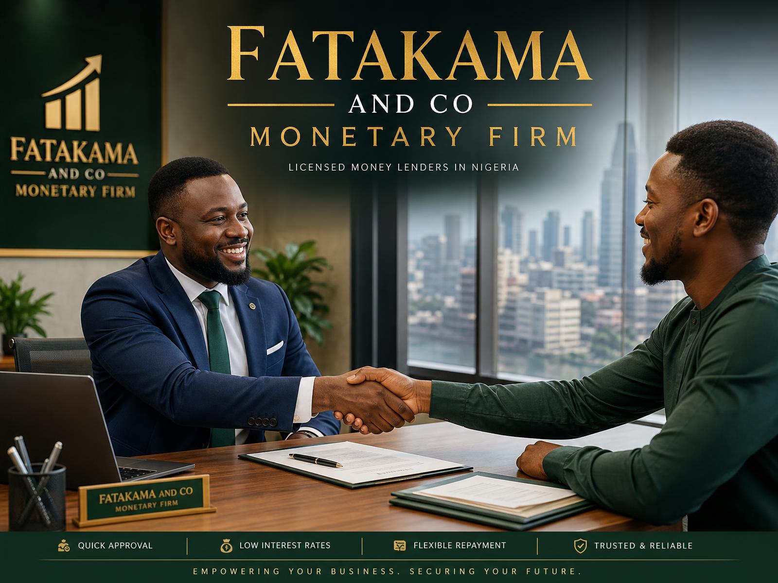 Fatakama & Co loan officer shaking hands with a client in the firm's office